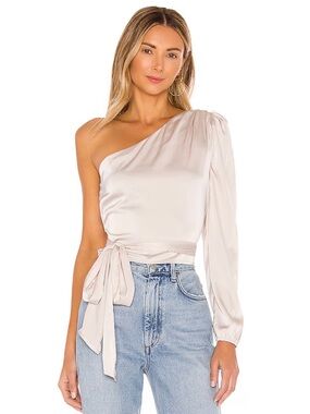 Revolve More to Come One-Shoulder Bone Satin Tie-Wrap Blouse